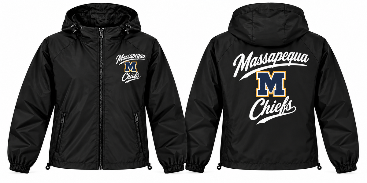 Massapequa Chiefs black full-zip windbreaker front and back