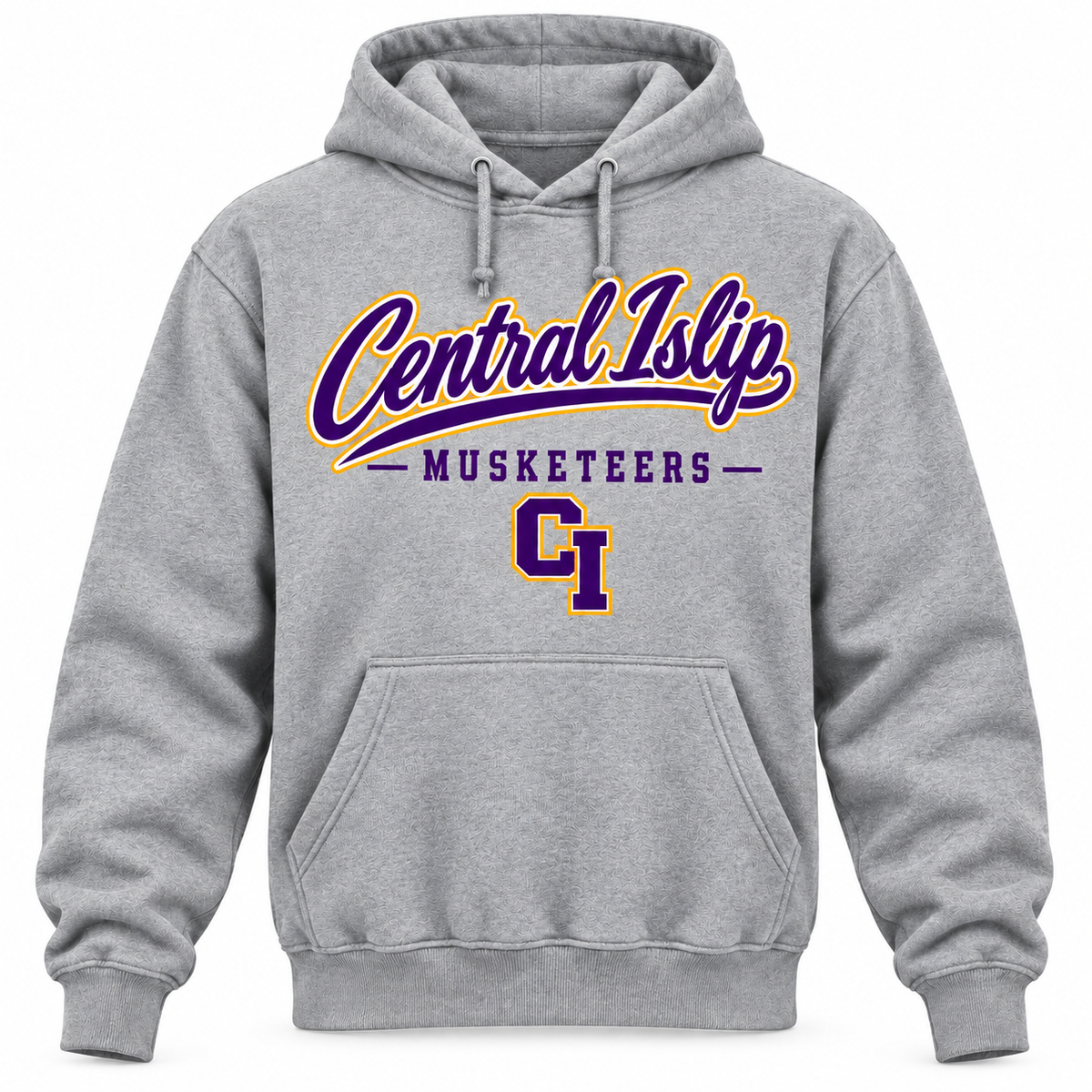 Central Islip Musketeers Men's Heritage Script Hoodie - Heather Gray front