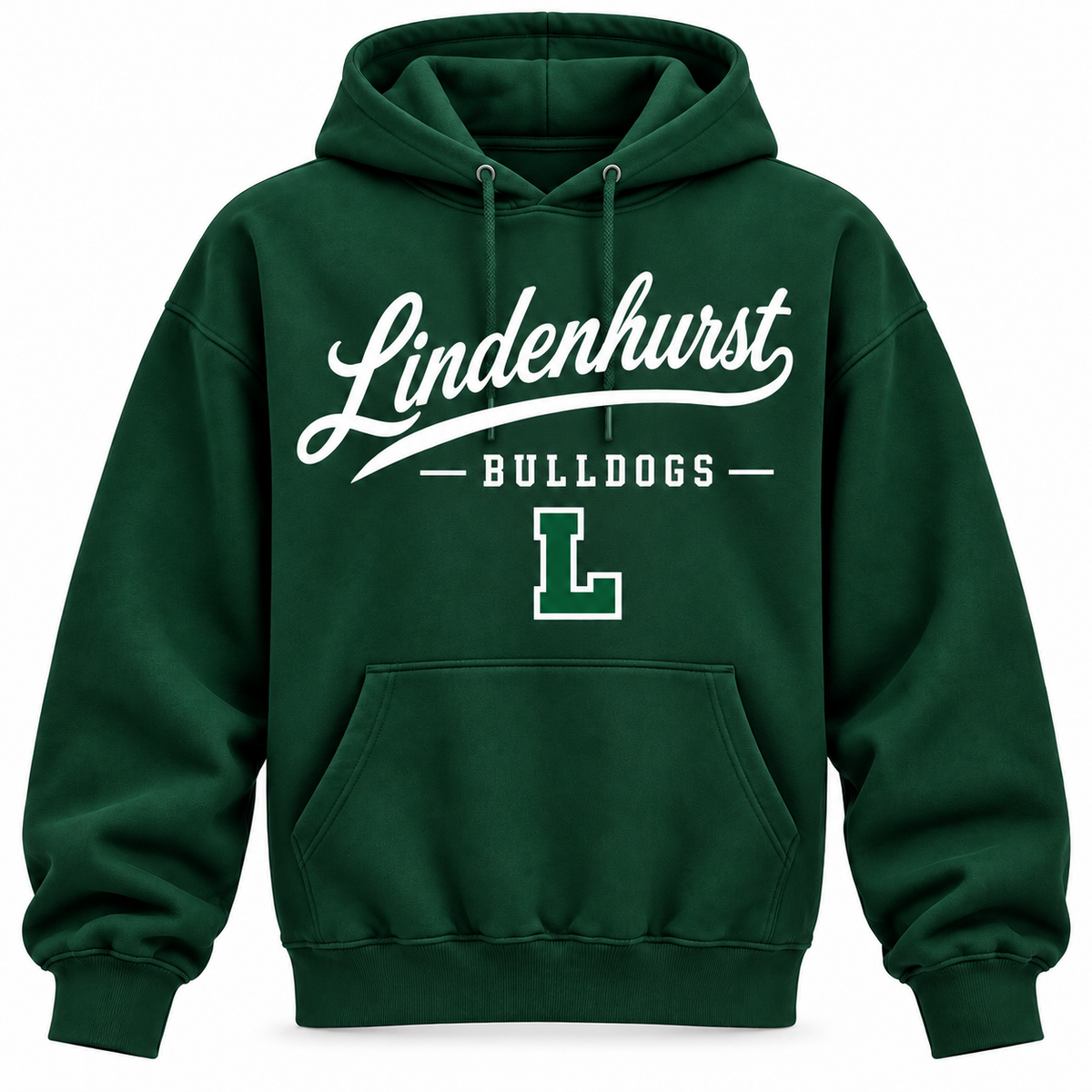 Lindenhurst Bulldogs Men's Heritage Script Hoodie - Forest Green front