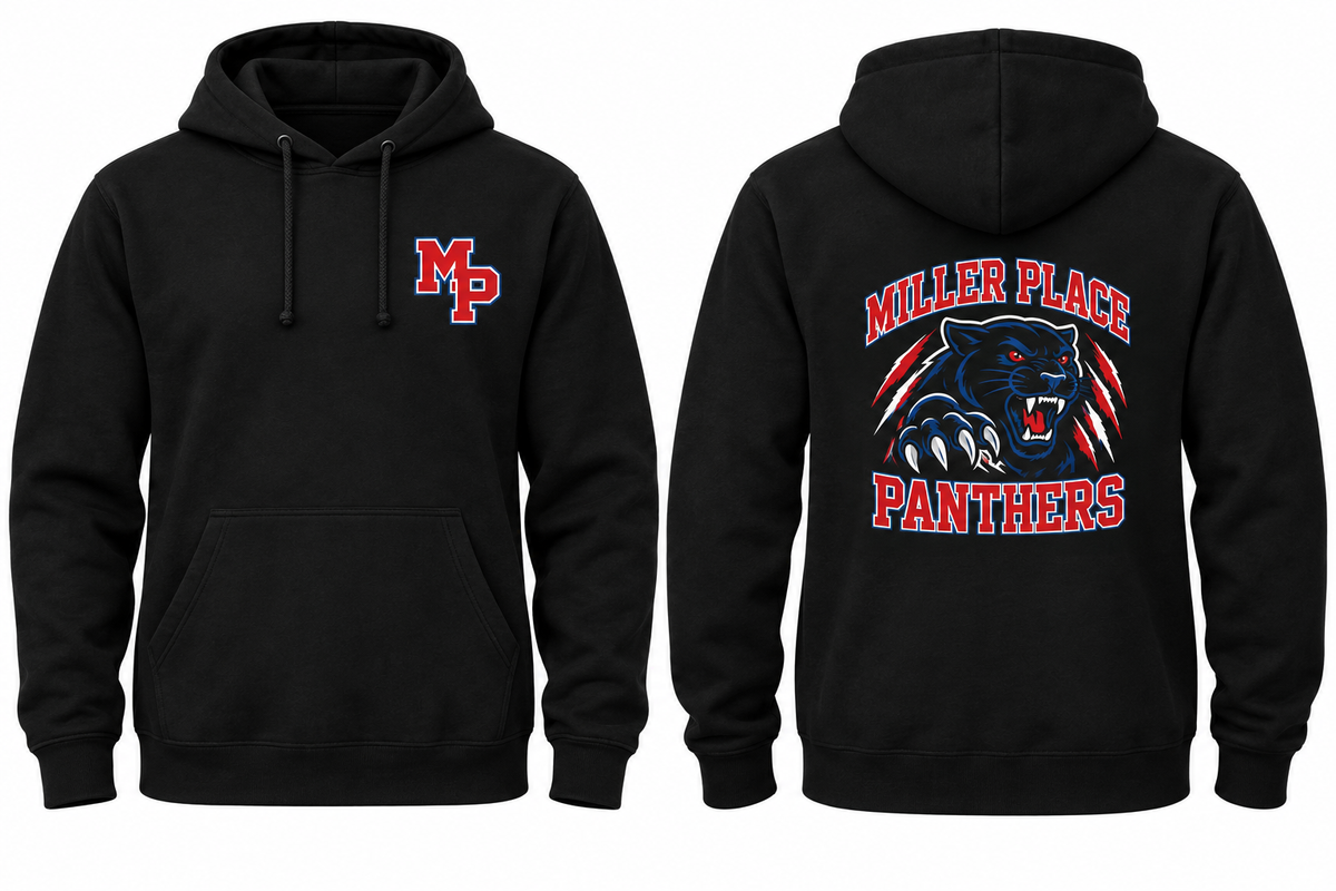 MILLER PLACE PANTHERS black hoodie front and back