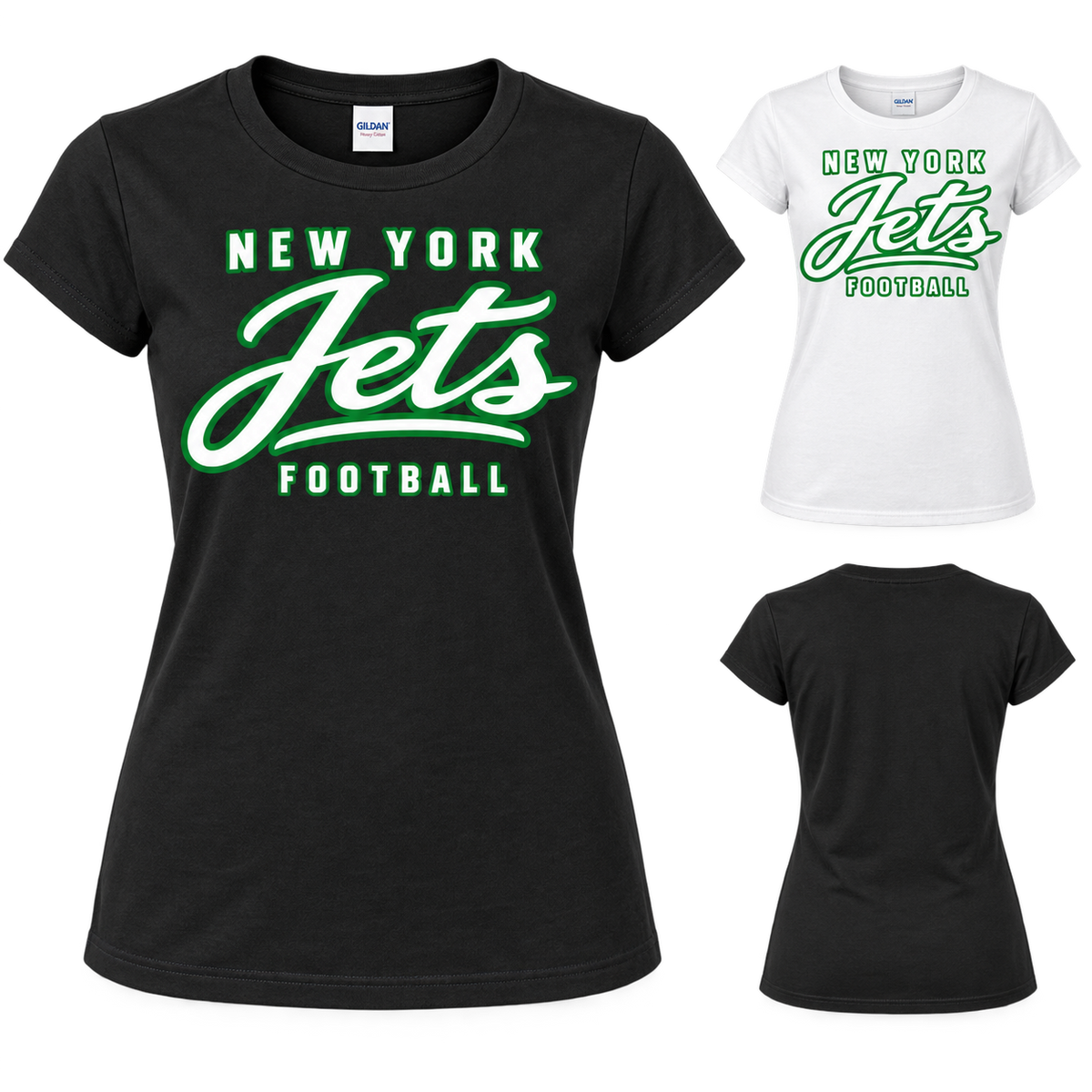 New York Jets Modern Script Women's T-Shirt in Black and White. Centered front graphic; plain back.