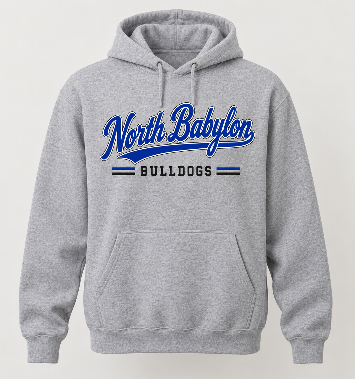 North Babylon Bulldogs Heritage Script Pullover Hoodie in Heather Gray — front view