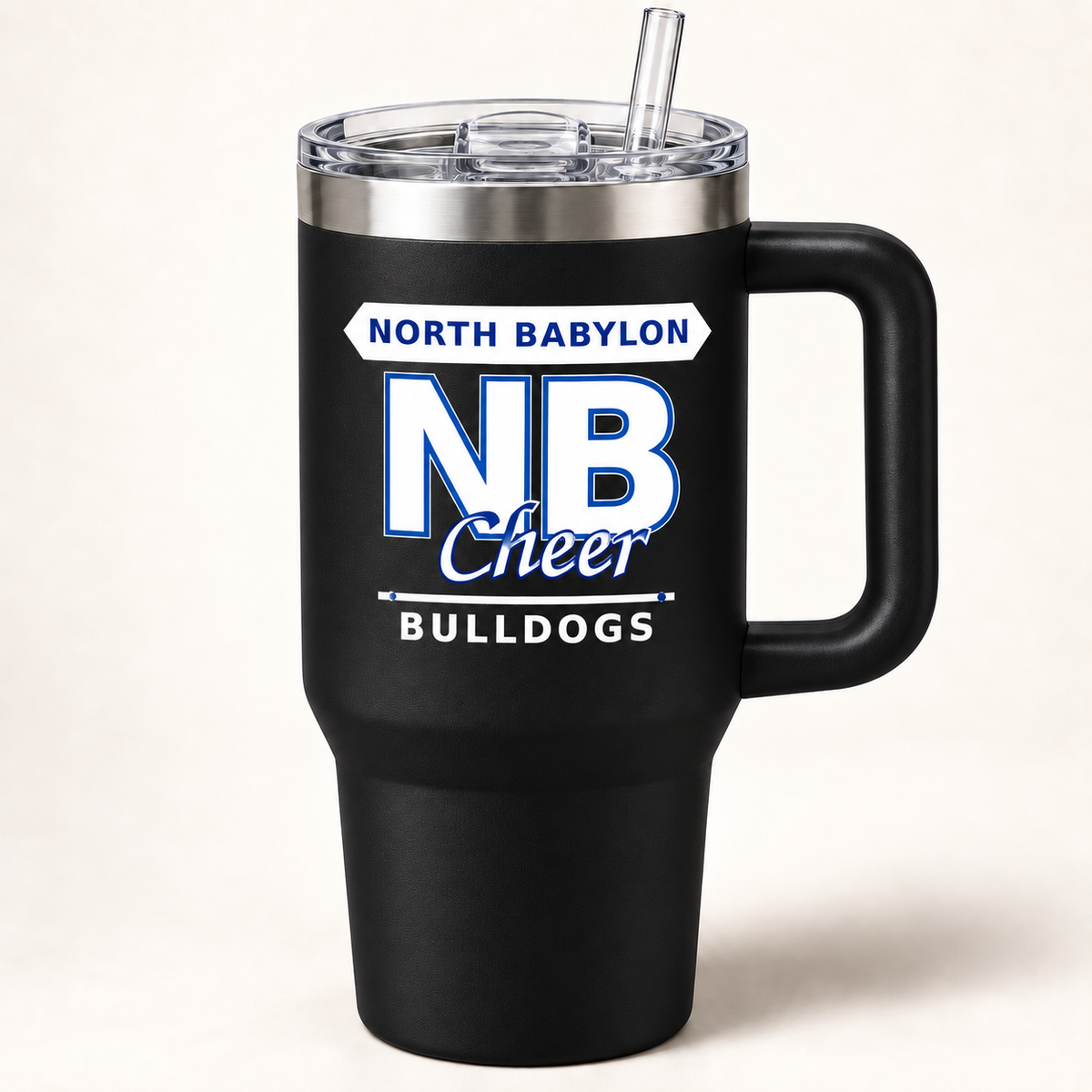 Black North Babylon Bulldogs Cheer 40 oz handled tumbler with lid and straw