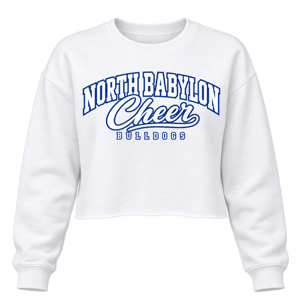 White North Babylon Bulldogs Cheer women's cropped crewneck, front view