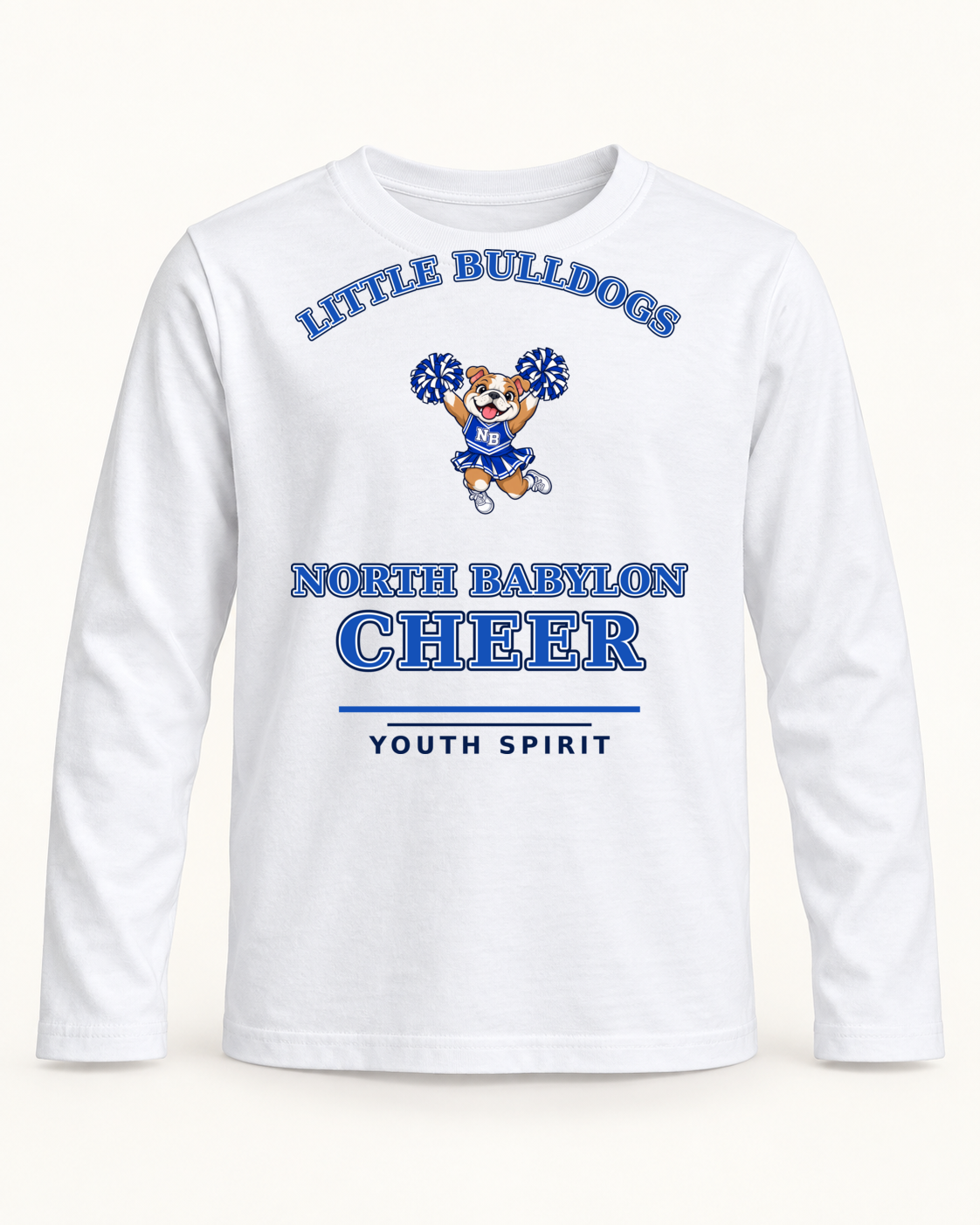 White youth long-sleeve shirt with North Babylon Little Bulldogs jump cheer artwork