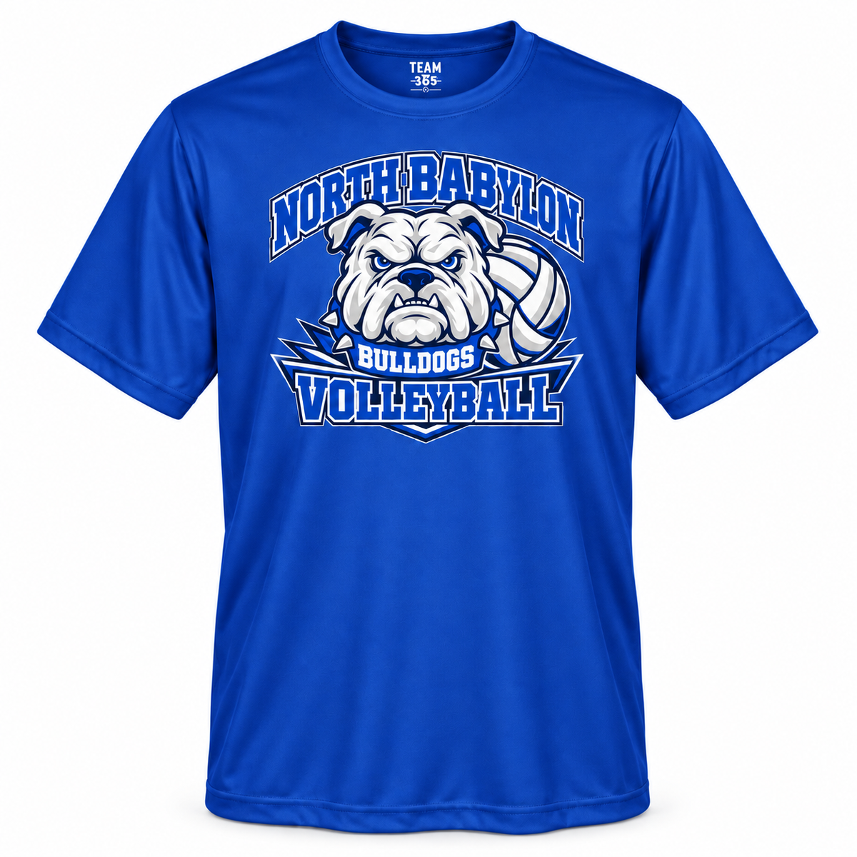 North Babylon Volleyball Performance Shirt in Sport Royal, collegiate bulldog crest front view