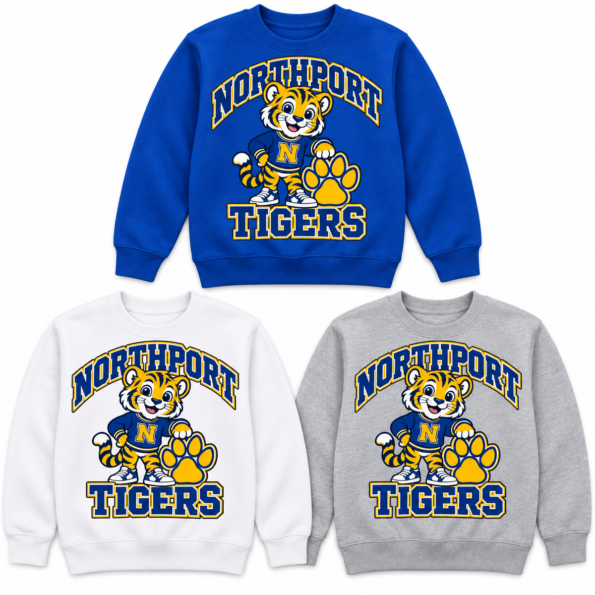 Northport Little Tigers Youth Crewneck — three color choices; digital mockup