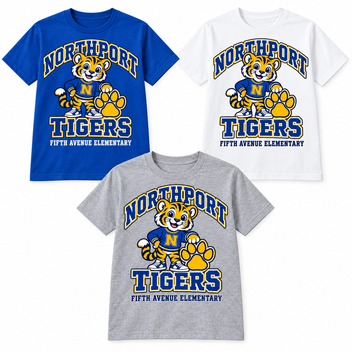 Northport Fifth Avenue Elementary Little Tigers Youth Tee — Royal Blue, White, Heather Gray digital mockups