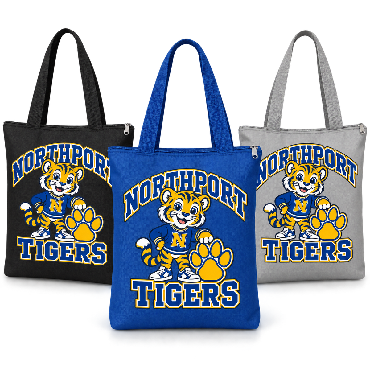 Northport Little Tigers Zippered Tote Bag — three color choices, digital mockup