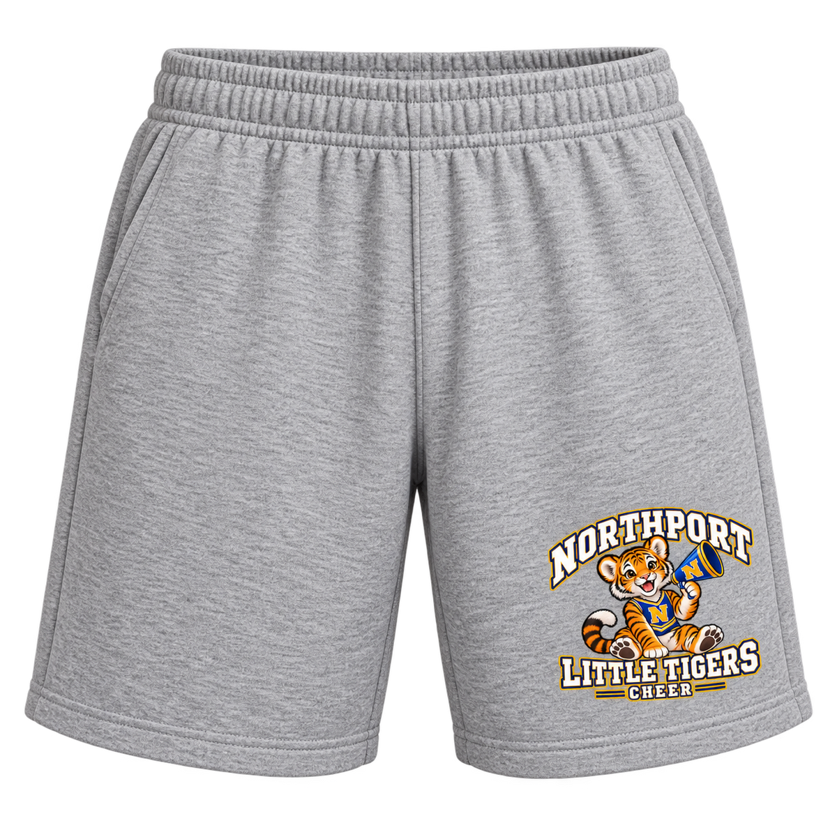 Northport Little Tigers Cheer Adult Athletic Shorts — Heather Gray with collegiate tiger artwork and N megaphone
