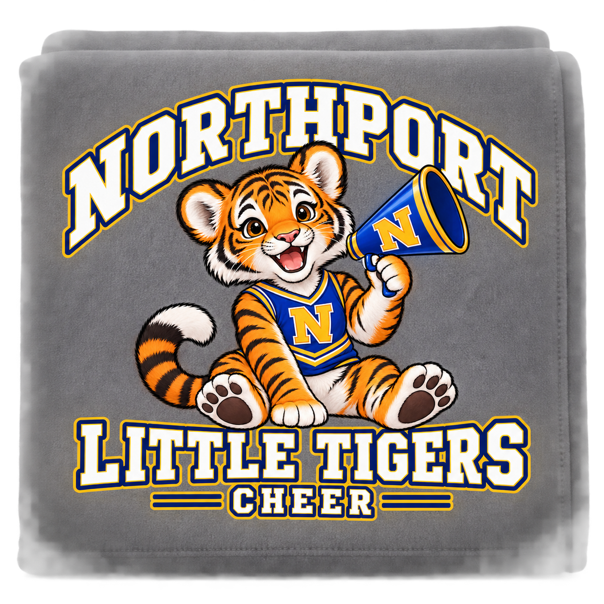 Northport Little Tigers Cheer Fleece Blanket — Gray with collegiate tiger artwork and N megaphone