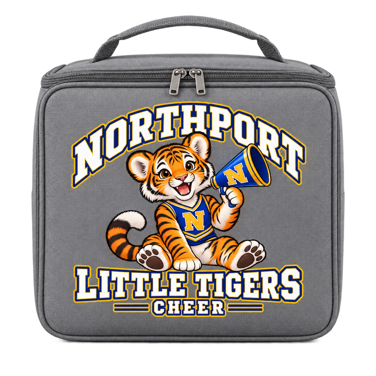 Northport Little Tigers Cheer Lunch Bag — Gray with collegiate tiger artwork and N megaphone