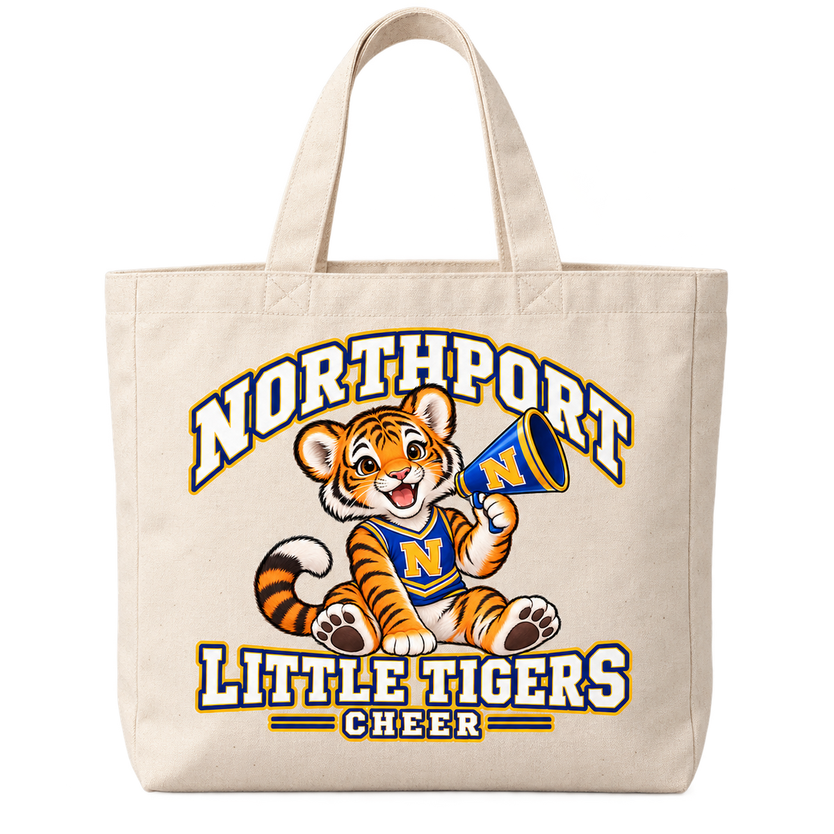 Northport Little Tigers Cheer Everyday Tote — Natural with collegiate tiger artwork and N megaphone