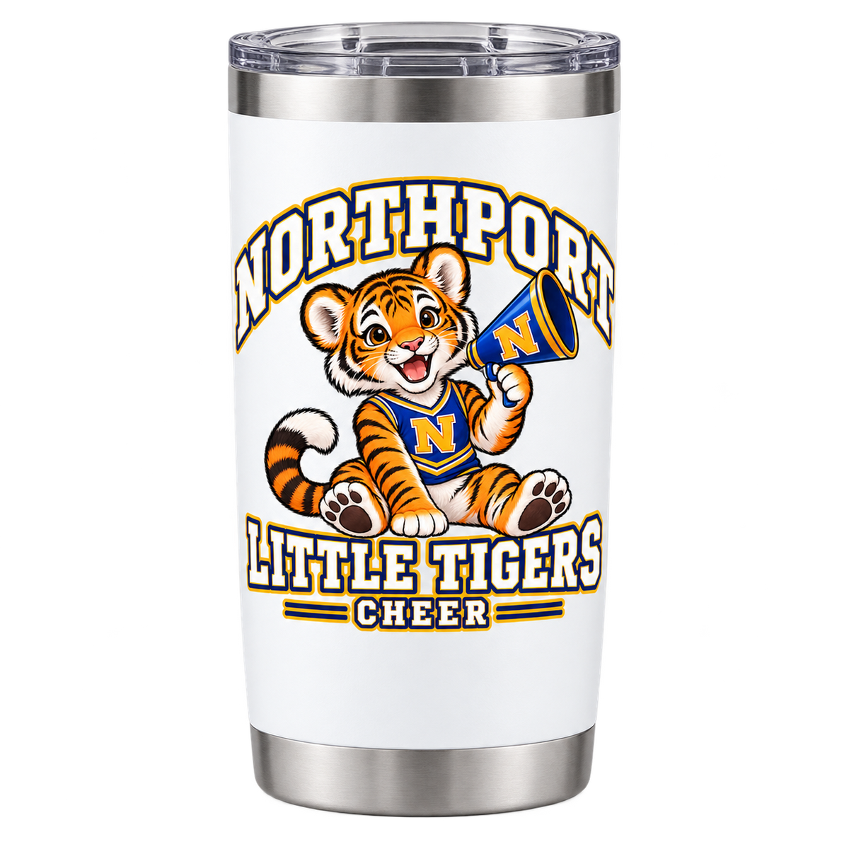 Northport Little Tigers Cheer 20 oz Tumbler — White with collegiate tiger artwork and N megaphone