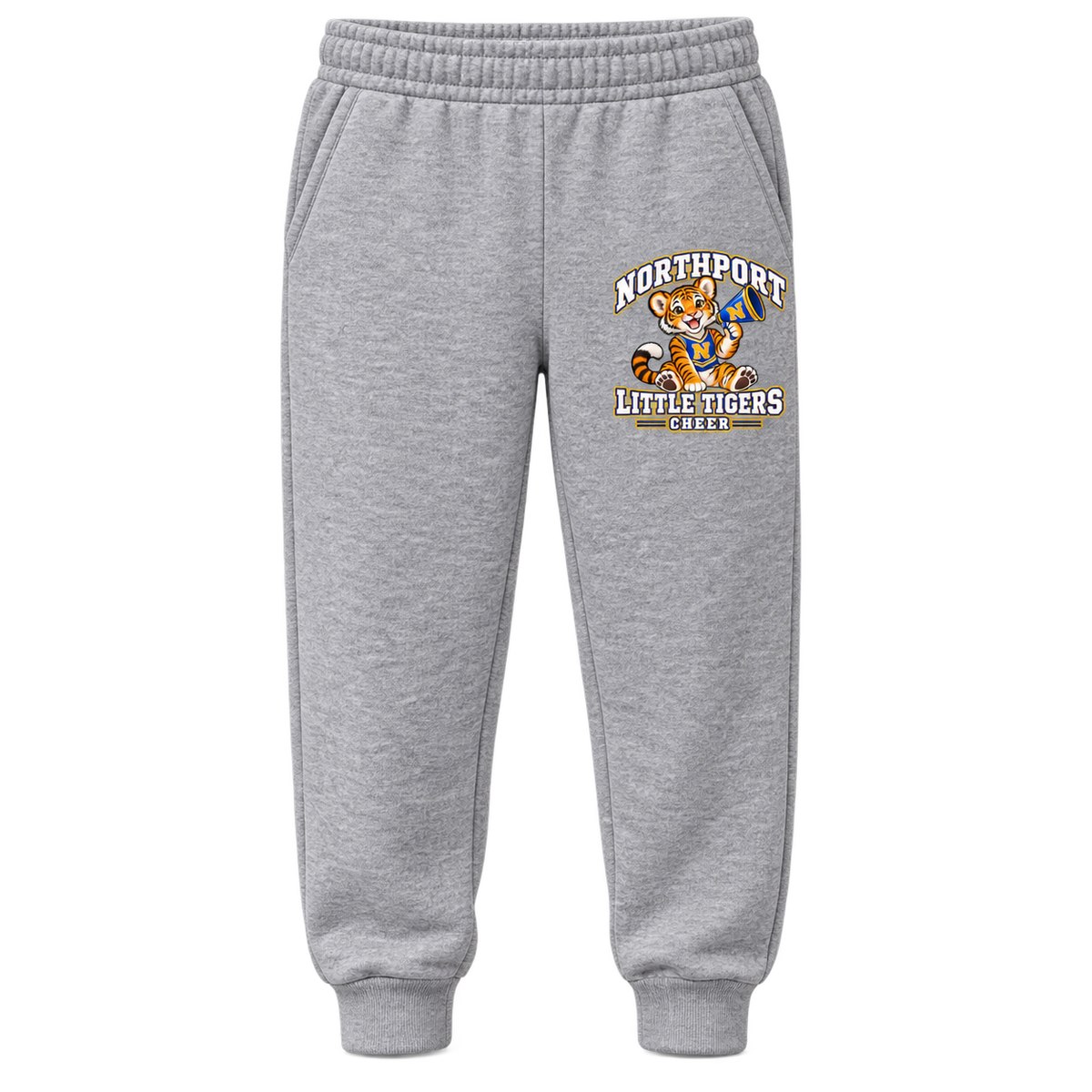 Northport Little Tigers Cheer Youth Joggers — Heather Gray with collegiate tiger artwork and N megaphone
