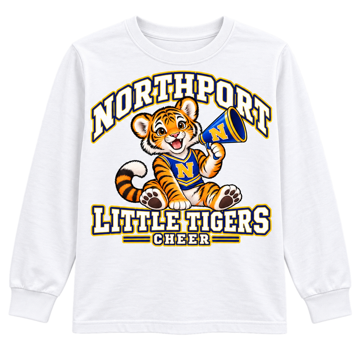 Northport Little Tigers Cheer Youth Long Sleeve — White with collegiate tiger artwork and N megaphone