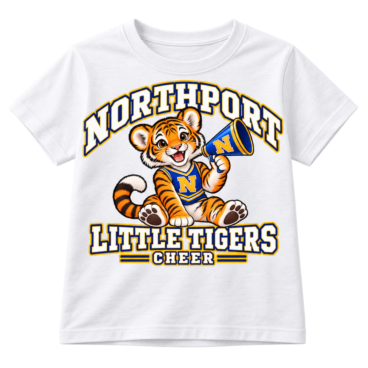 Northport Little Tigers Cheer youth T-shirt white with collegiate lettering and N megaphone