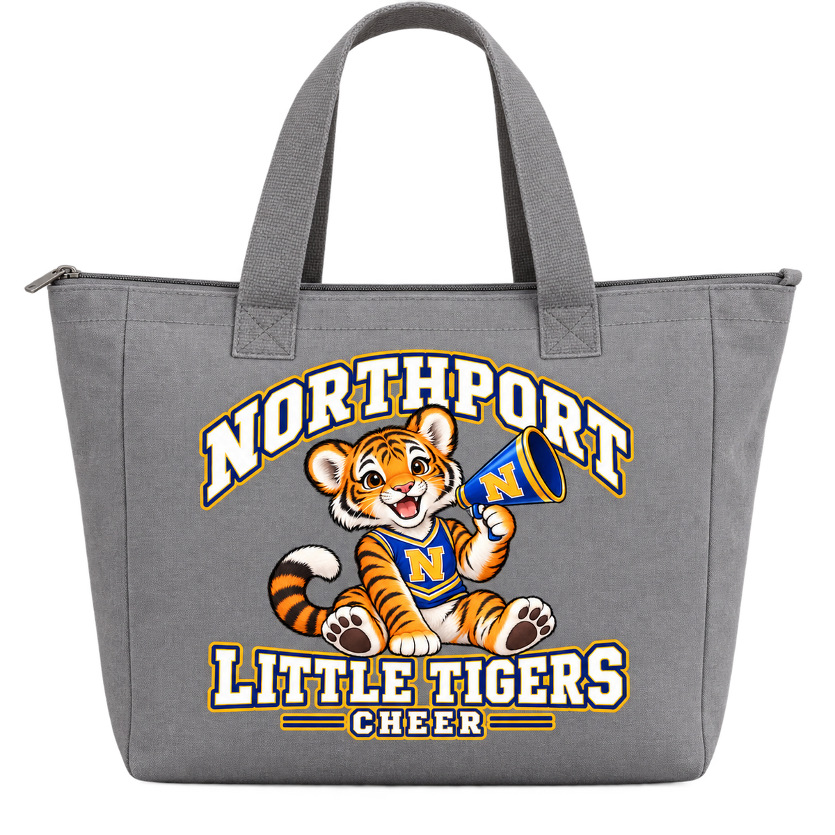 Northport Little Tigers Cheer Zippered Tote — Gray with collegiate tiger artwork and N megaphone