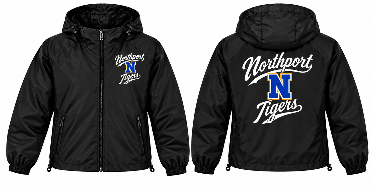 Northport Tigers regular-length black hooded full-zip windbreaker, front and back