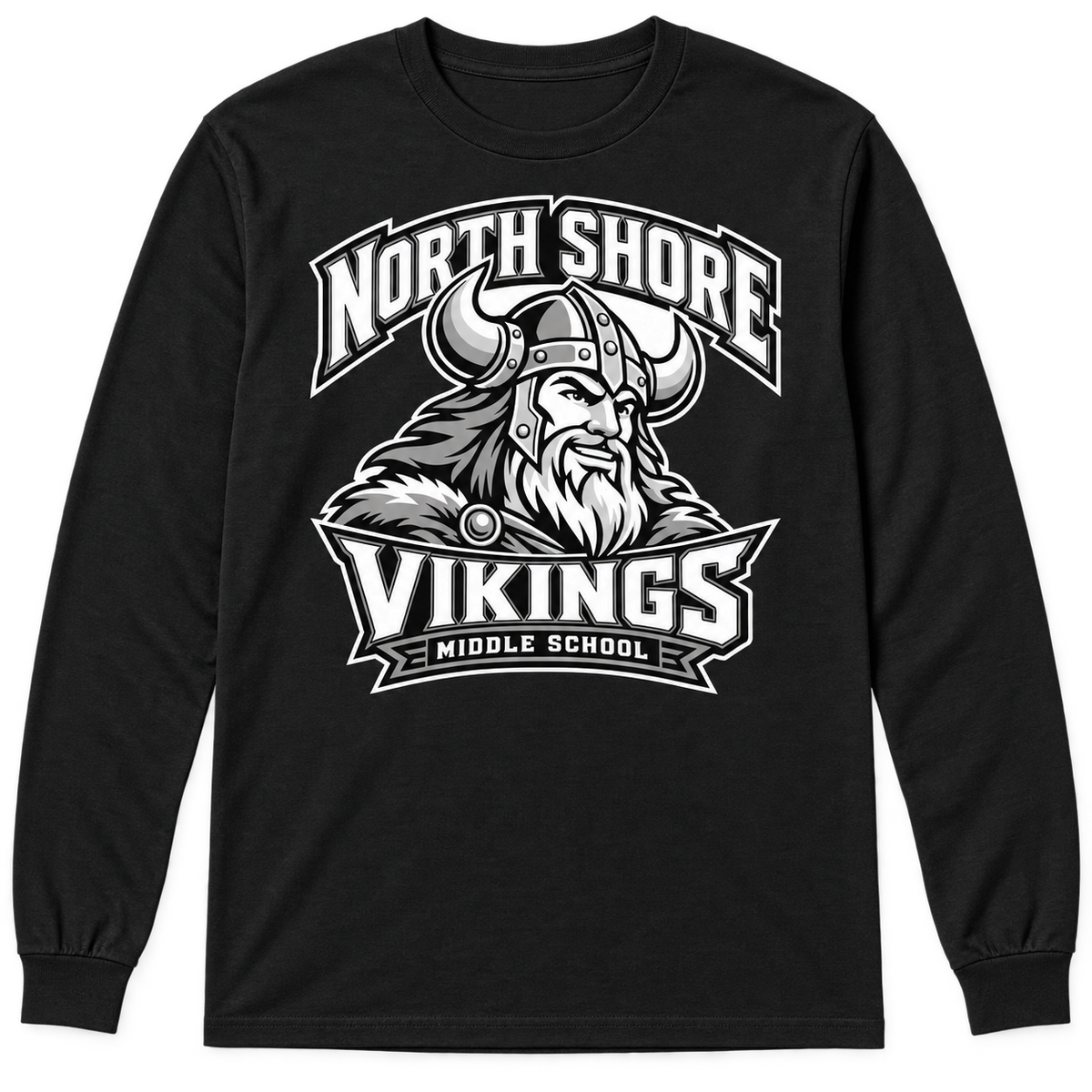 Black North Shore Middle School — Viking Captain Long Sleeve, adult fit front digital mockup