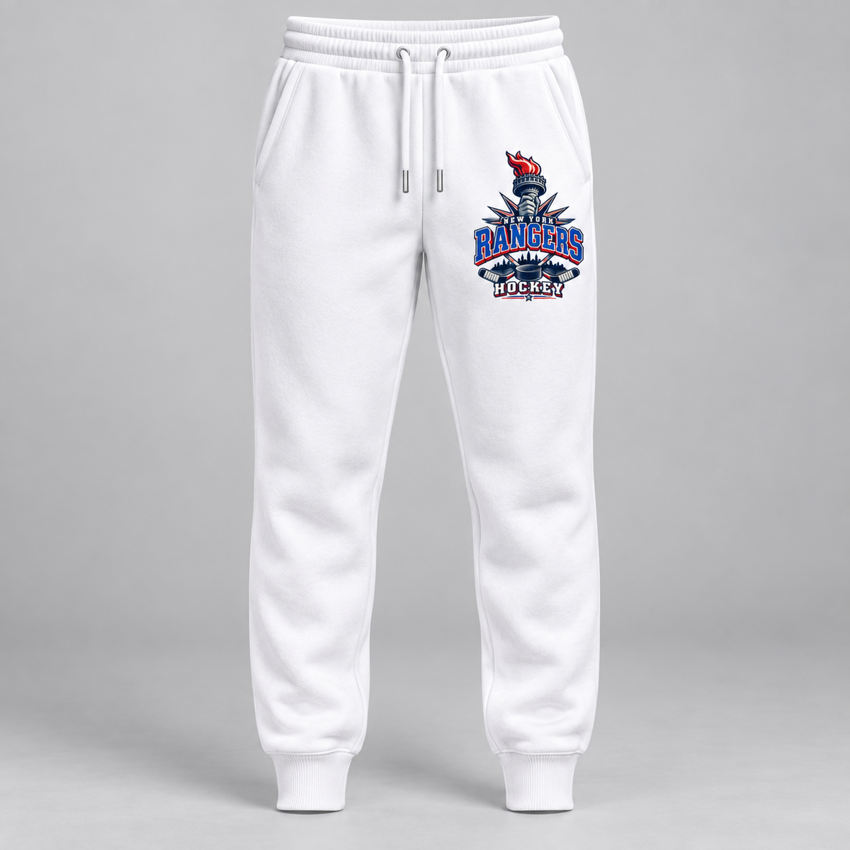 New York Rangers Torch Retro Unisex Fleece Joggers in White, front view
