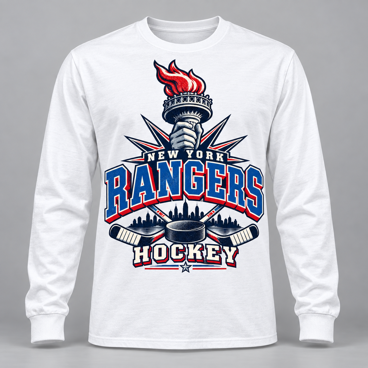 New York Rangers Torch Retro Unisex Long Sleeve T-Shirt in White, front view
