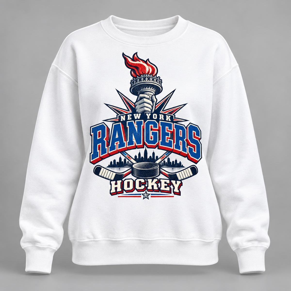 New York Rangers Torch Retro Women's Relaxed Crewneck in White, front view