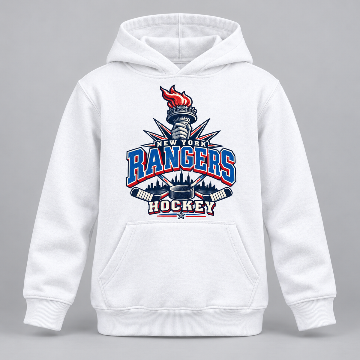 New York Rangers Torch Retro Youth Pullover Hoodie in White, front view