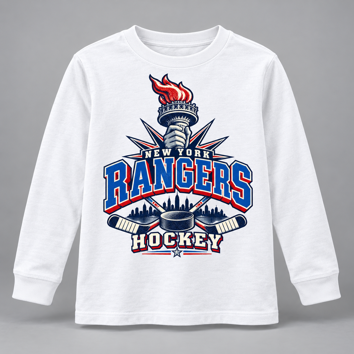 New York Rangers Torch Retro Youth Long Sleeve T-Shirt in White, front view