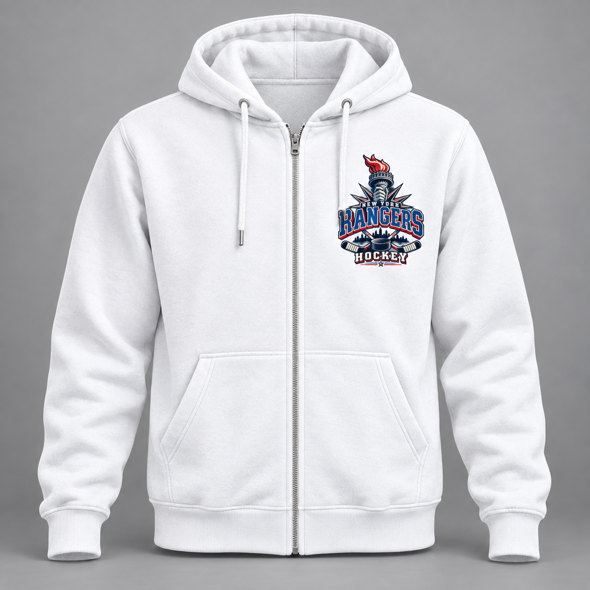 New York Rangers Torch Retro Unisex Full-Zip Hoodie in White, front view