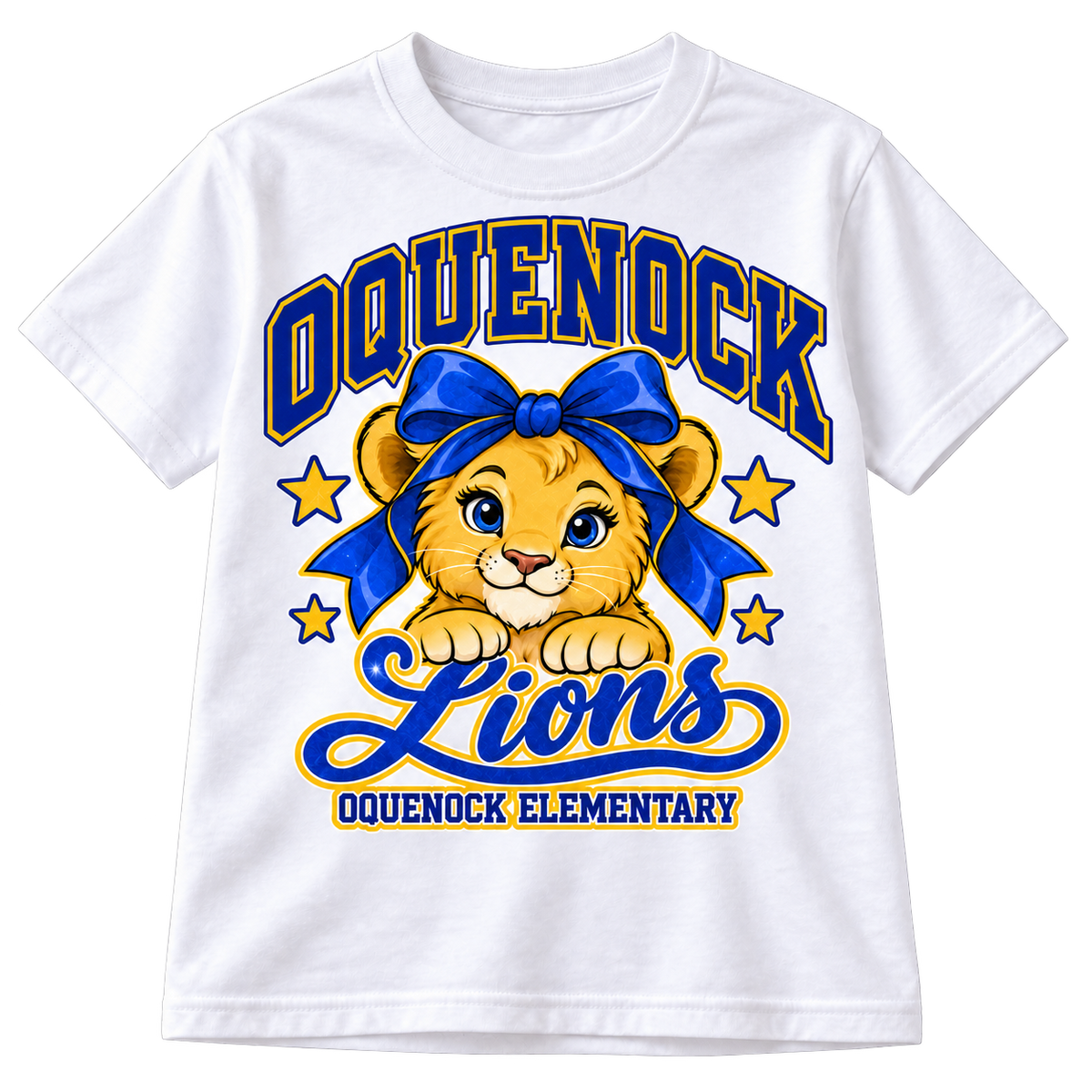 Oquenock Bow Lions Glitter Youth T-Shirt in White, blue and gold lion design