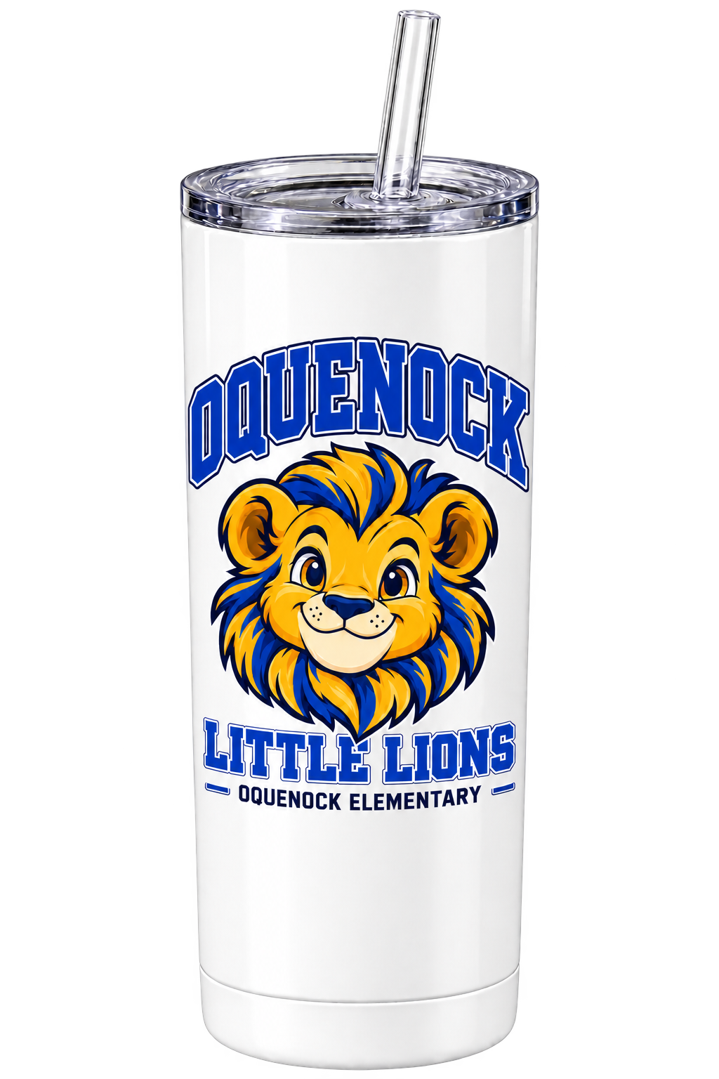 Oquenock Little Lions Tumbler with Lid & Straw in White, blue and gold lion design
