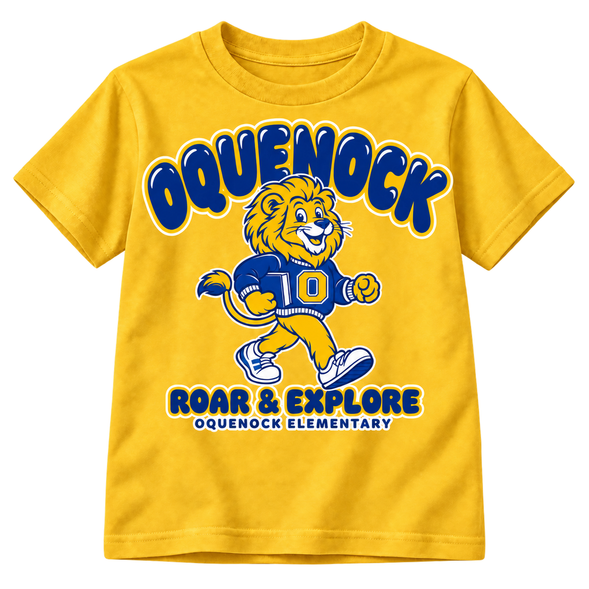 Oquenock Roar & Explore Youth T-Shirt in Gold, blue and gold lion design