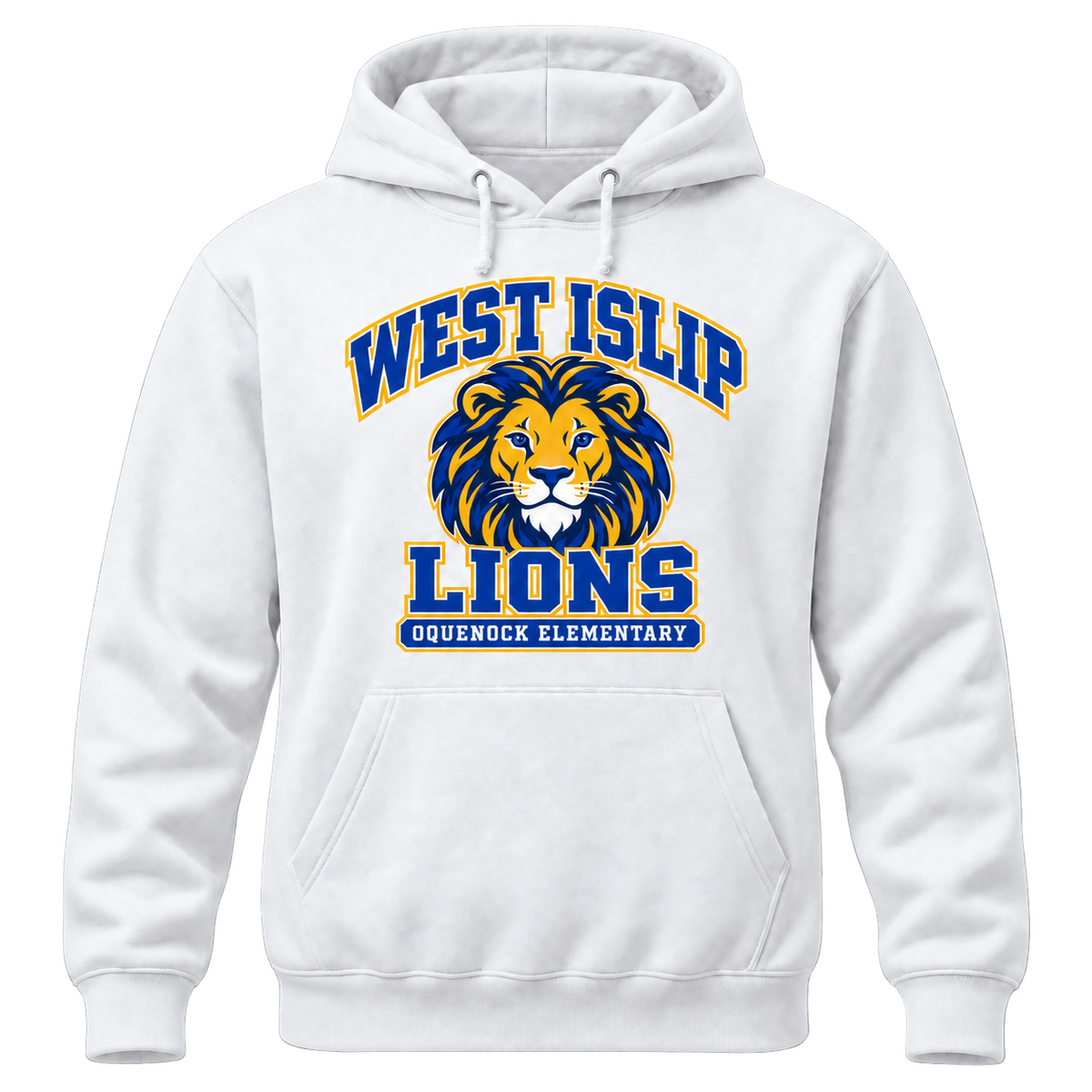 Oquenock Varsity Pride Adult Hoodie in White, blue and gold lion design
