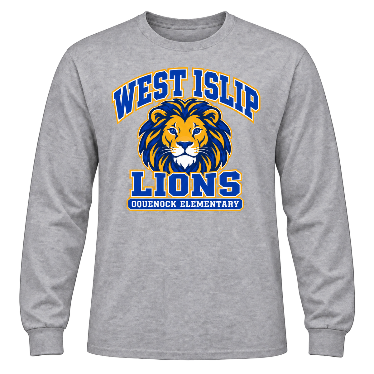 Oquenock Varsity Pride Adult Long Sleeve in Sport Grey, blue and gold lion design