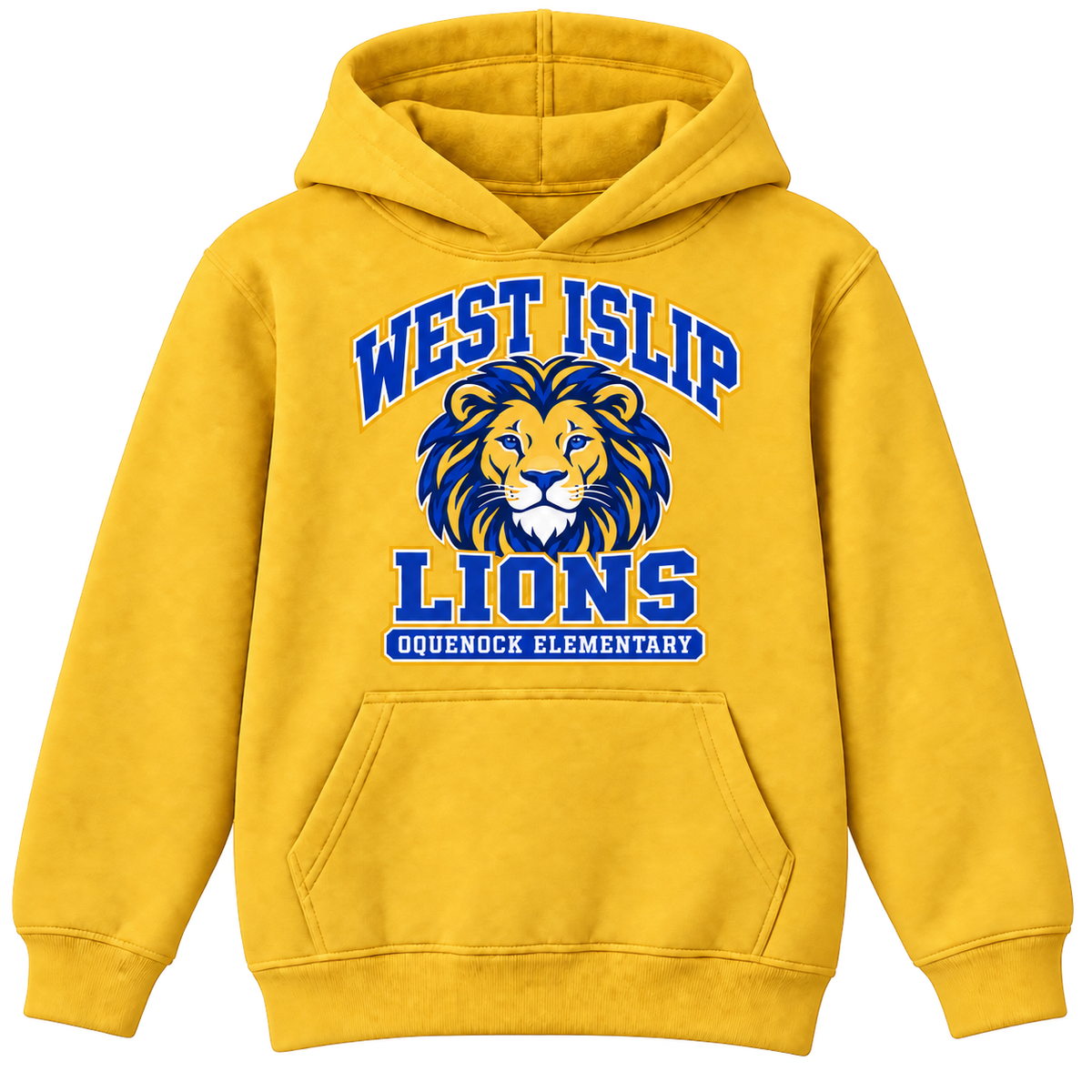 Oquenock Varsity Pride Youth Hoodie in Gold, blue and gold lion design