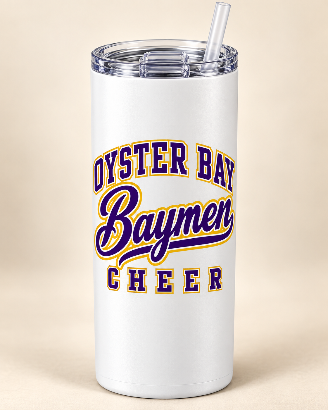 White 20 oz classic tumbler with Oyster Bay Baymen Cheer varsity script design