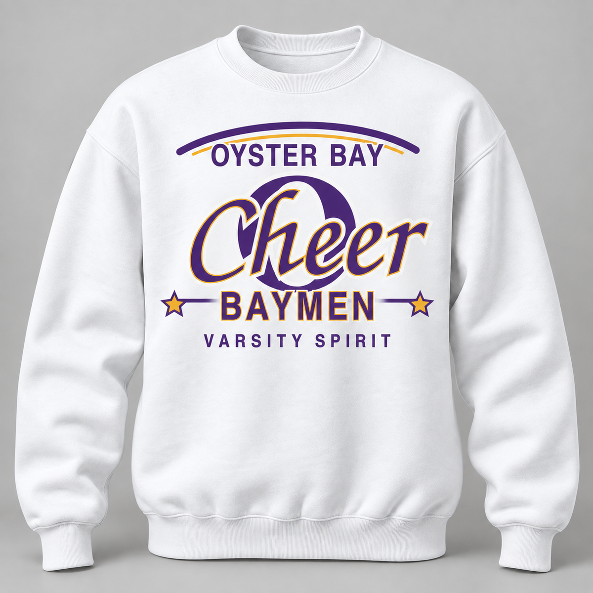 Oyster Bay Baymen Cheer Varsity Script adult crewneck in White, front view