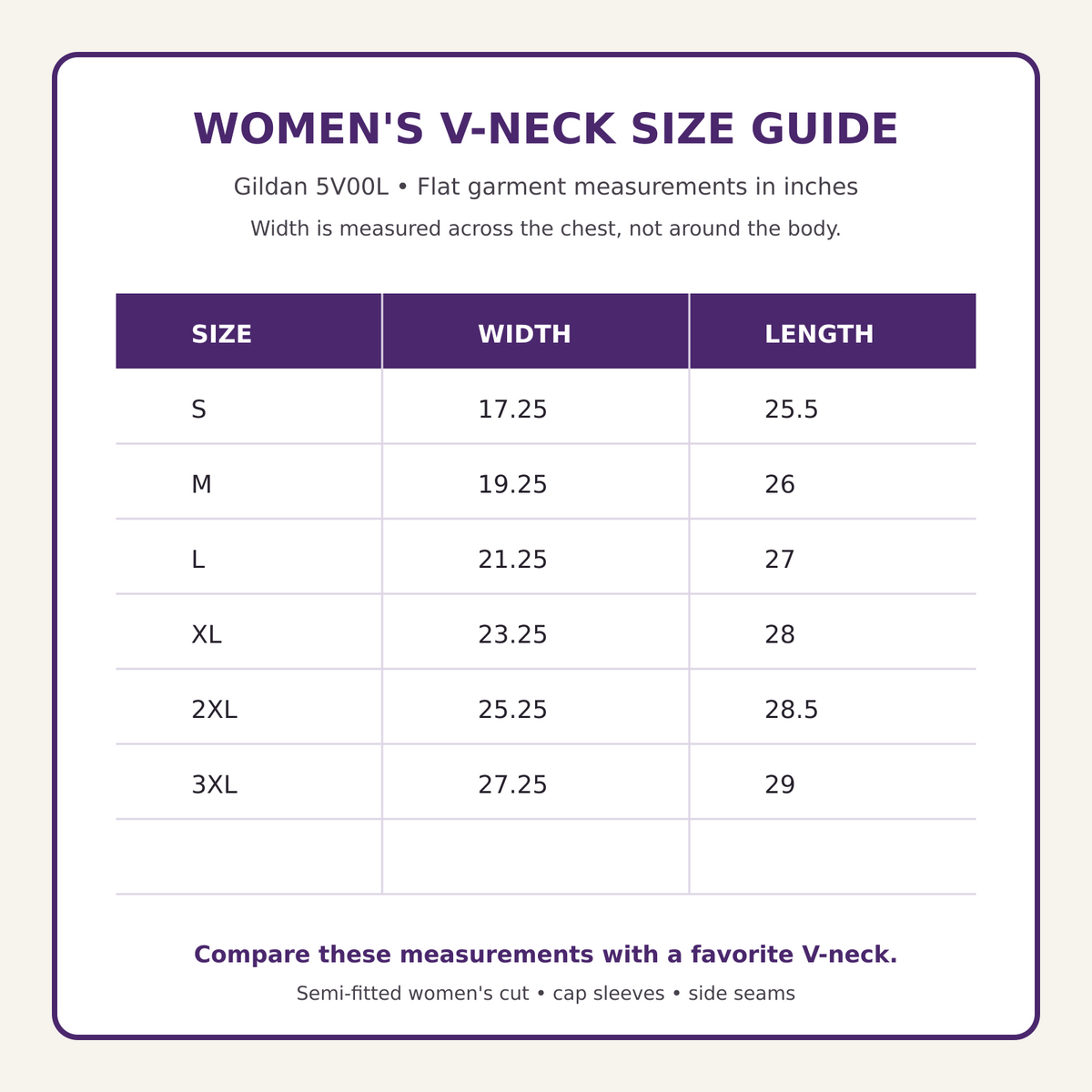 Gildan 5V00L women's V-neck size guide in inches