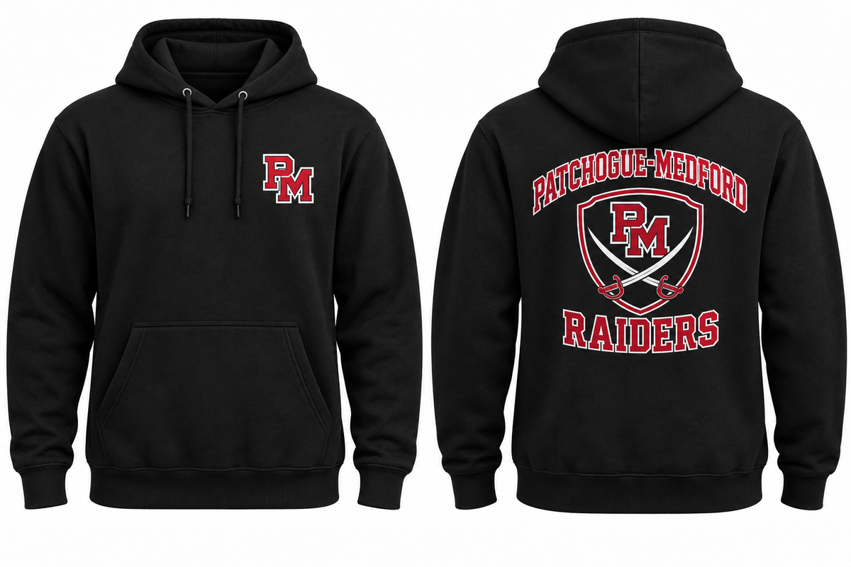 PATCHOGUE-MEDFORD RAIDERS black hoodie front and back