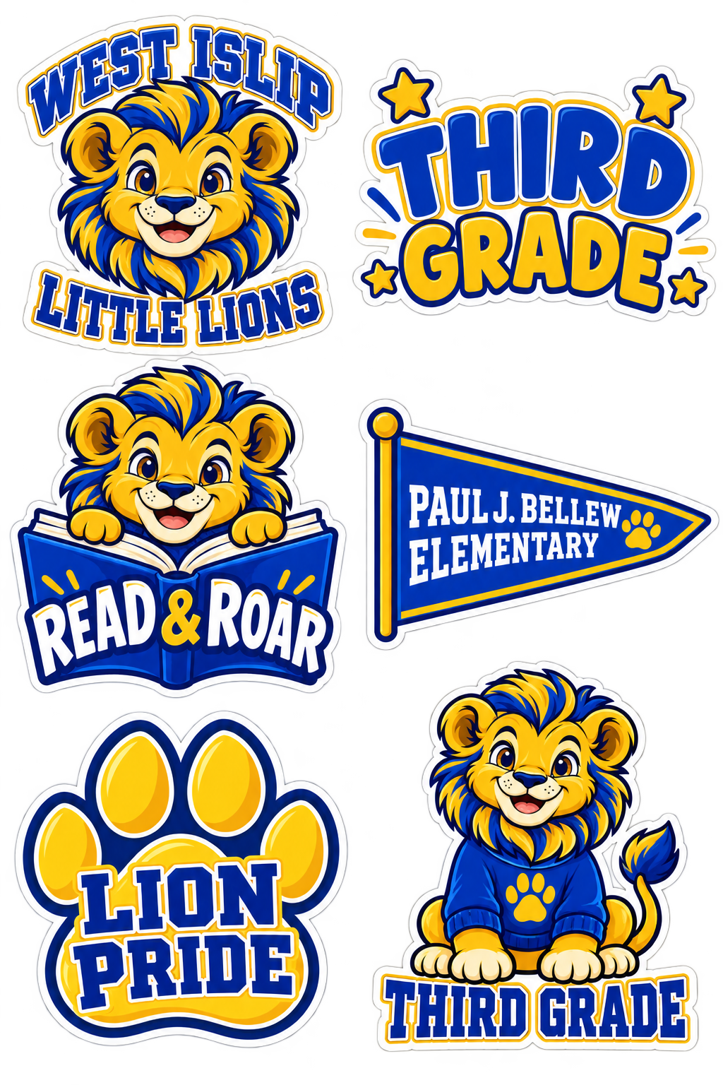 Six blue and gold Paul J. Bellew Third Grade school lion stickers