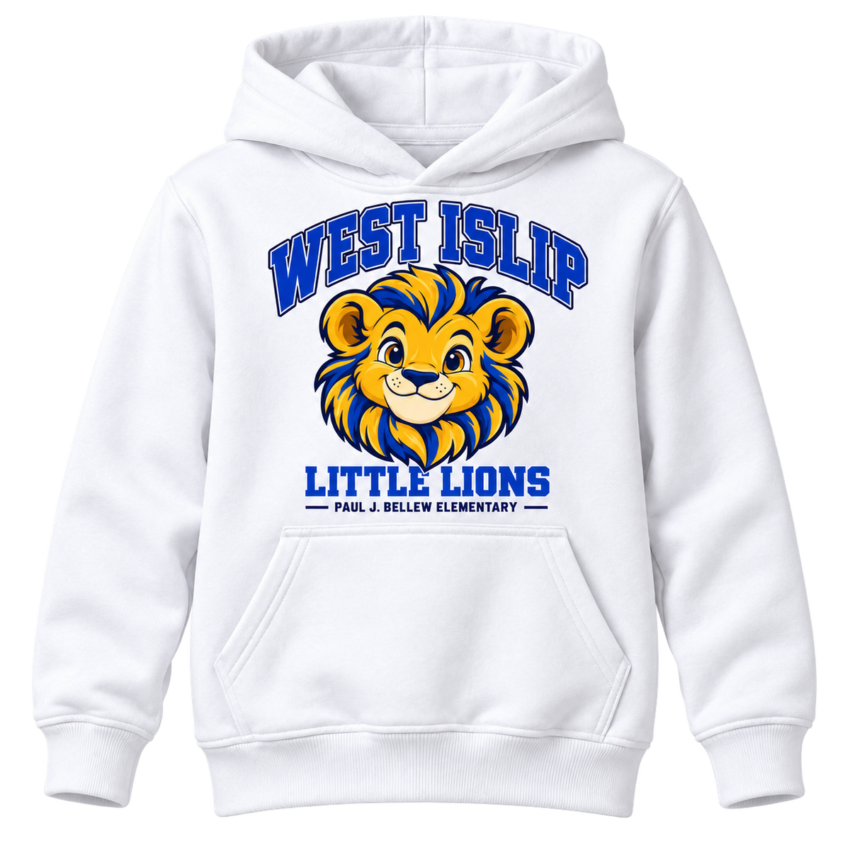Paul J. Bellew Little Lions Youth Hoodie in White with West Islip lion design, front view