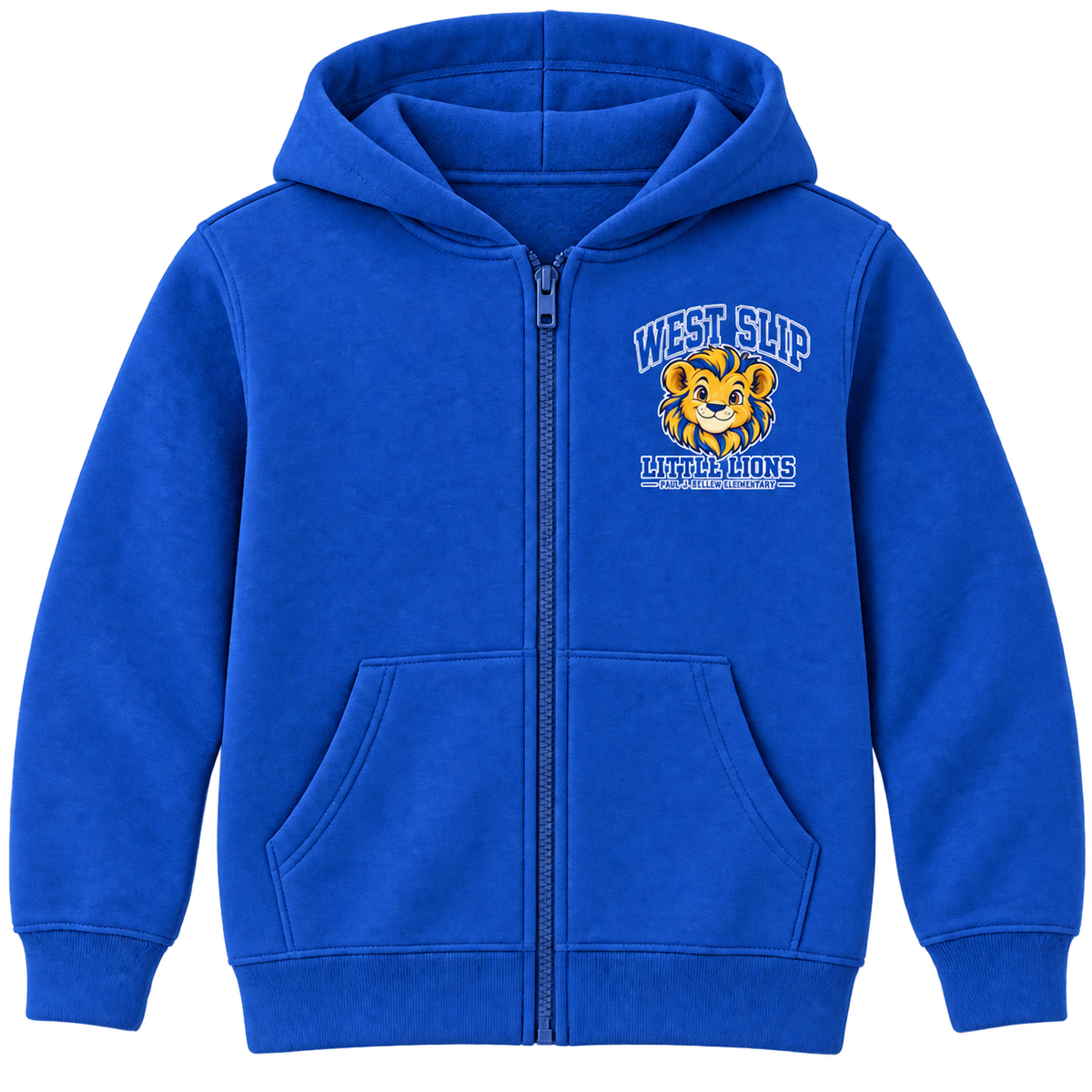 Paul J. Bellew Little Lions Youth Zip-Up Hoodie in Royal with West Islip lion design, front view