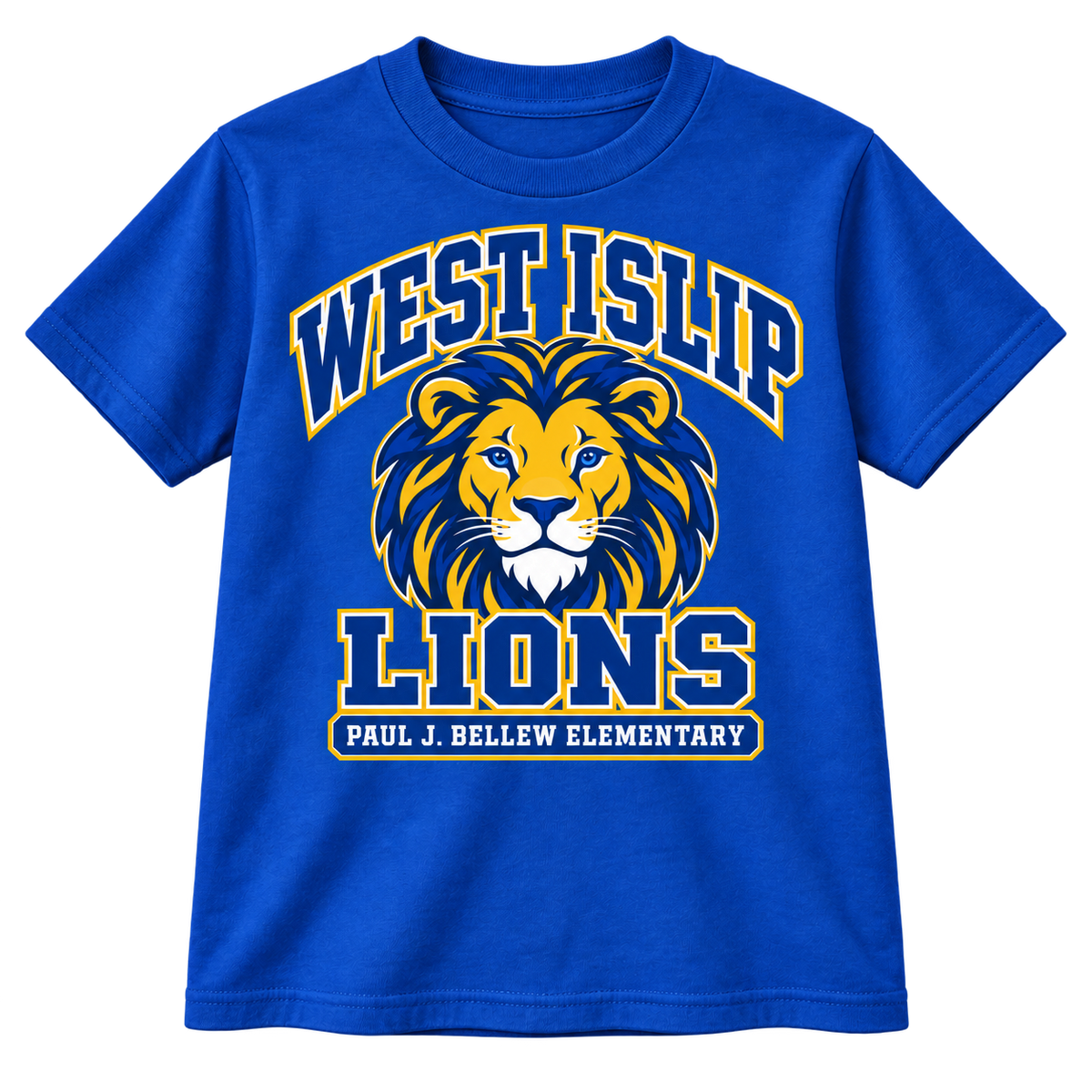 Paul J. Bellew Varsity Pride Youth T-Shirt in Royal with West Islip lion design, front view