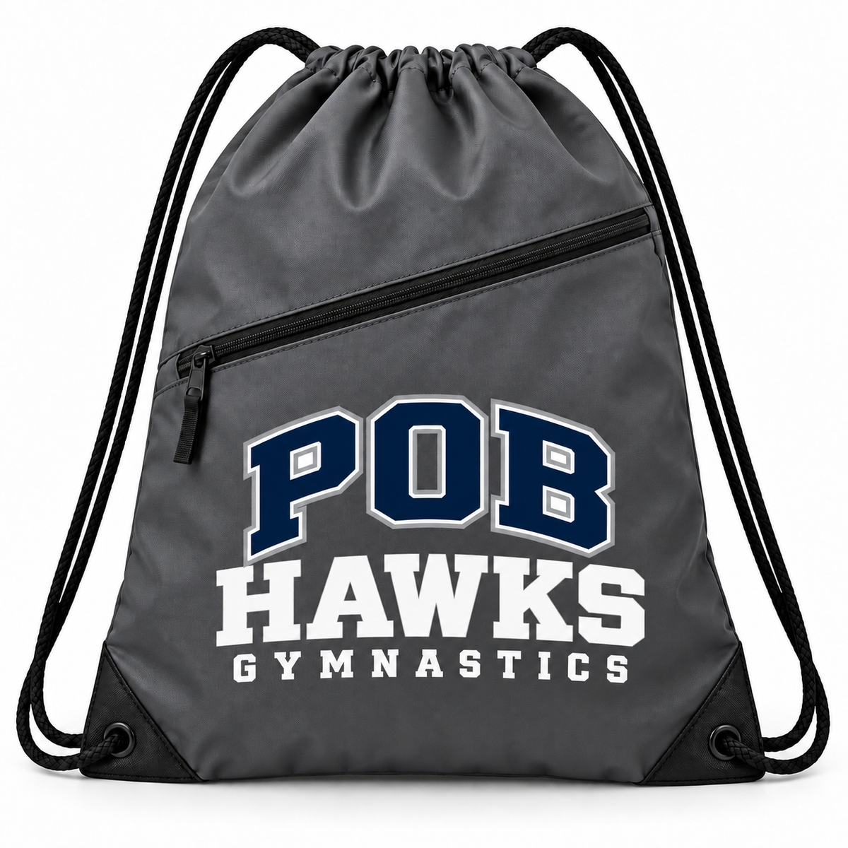 Graphite Gray POB Hawks Gymnastics Zip-Pocket Drawstring Bag design mockup