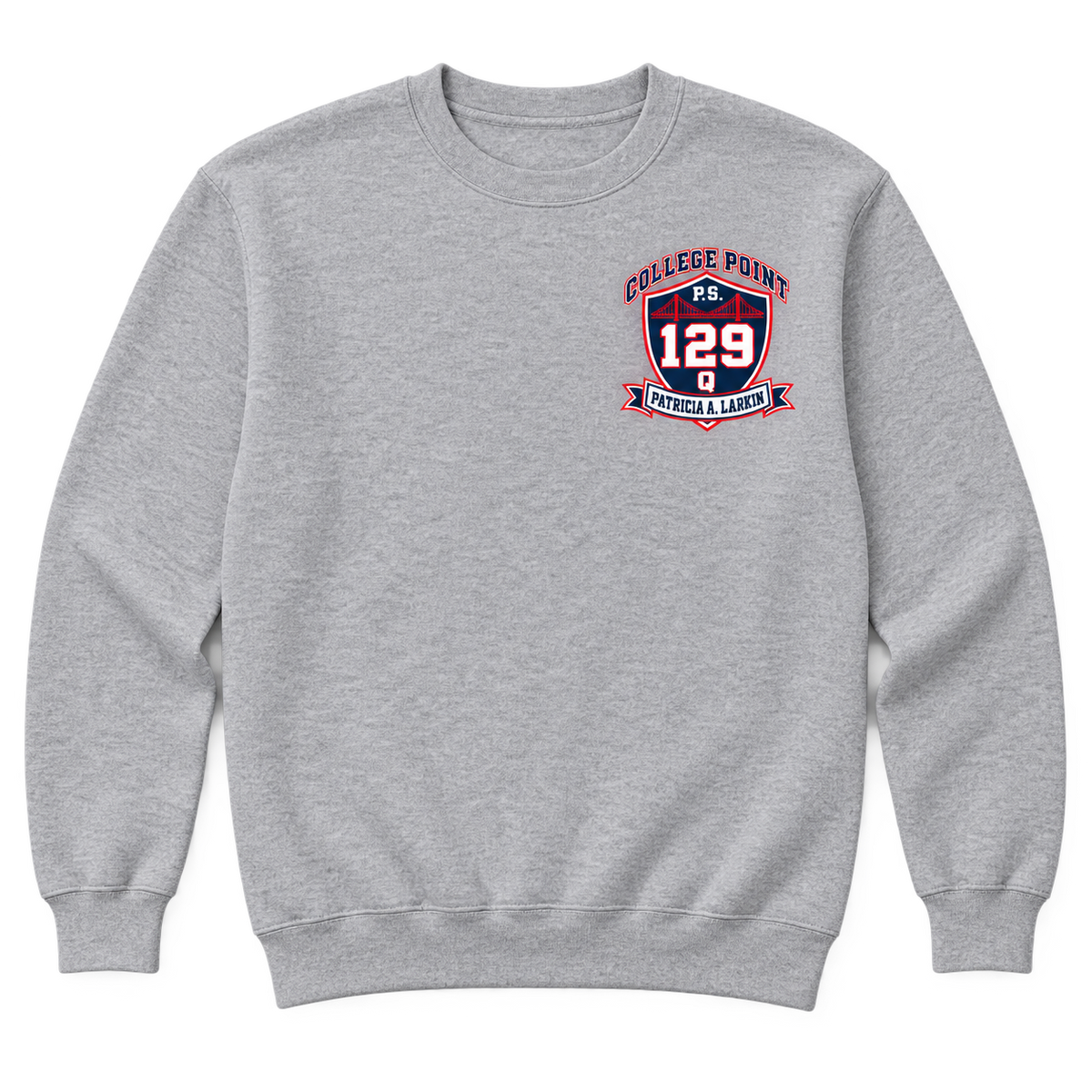P.S. 129Q Adult Crewneck – College Point Bridge Crest in Sport Grey