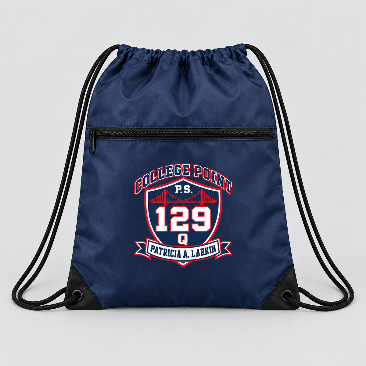 P.S. 129Q Zippered Drawstring Bag – College Point Crest in Navy