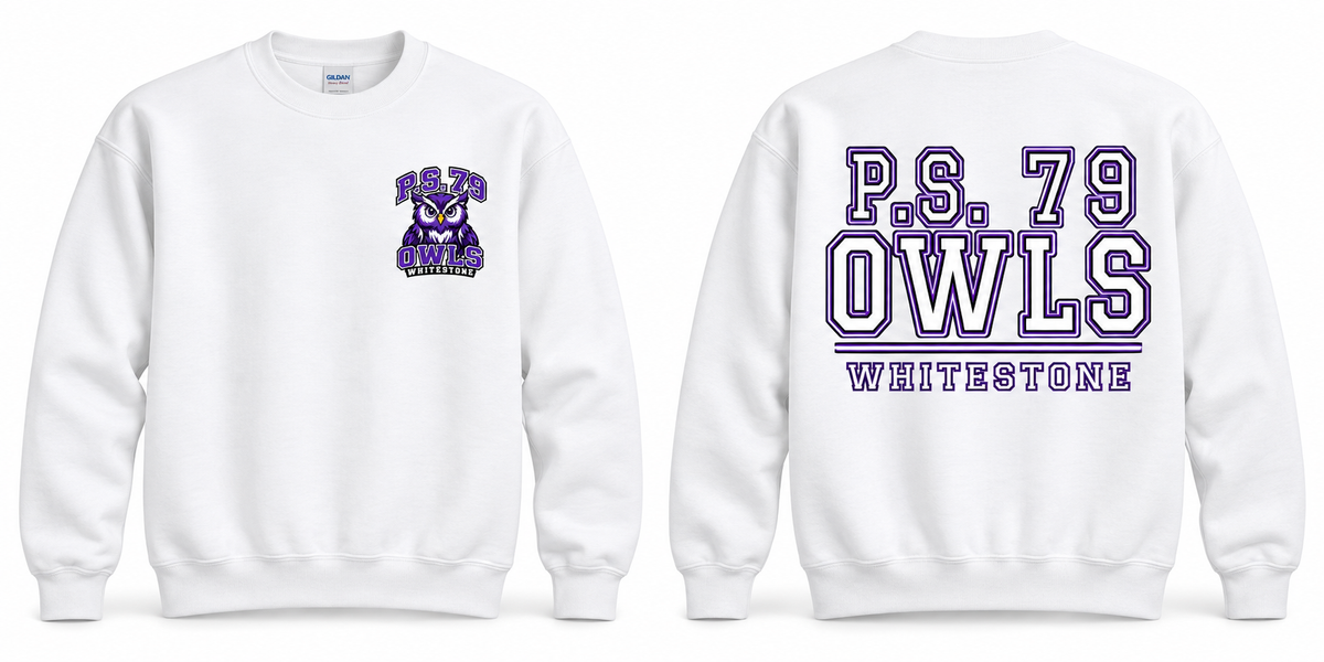 P.S. 79 Owls Adult Fleece Crewneck Sweatshirt in White