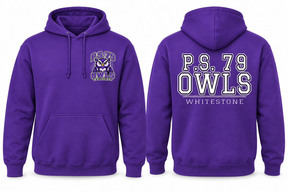 P.S. 79 Owls Adult Fleece Pullover Hoodie in Purple