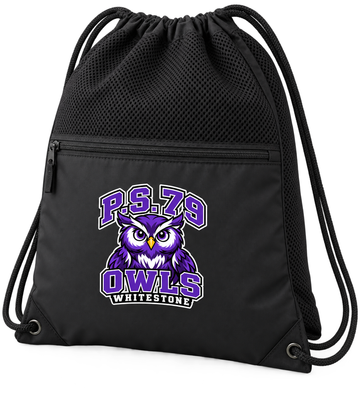 P.S. 79 Owls Polyester Zippered Cinch Bag in Black